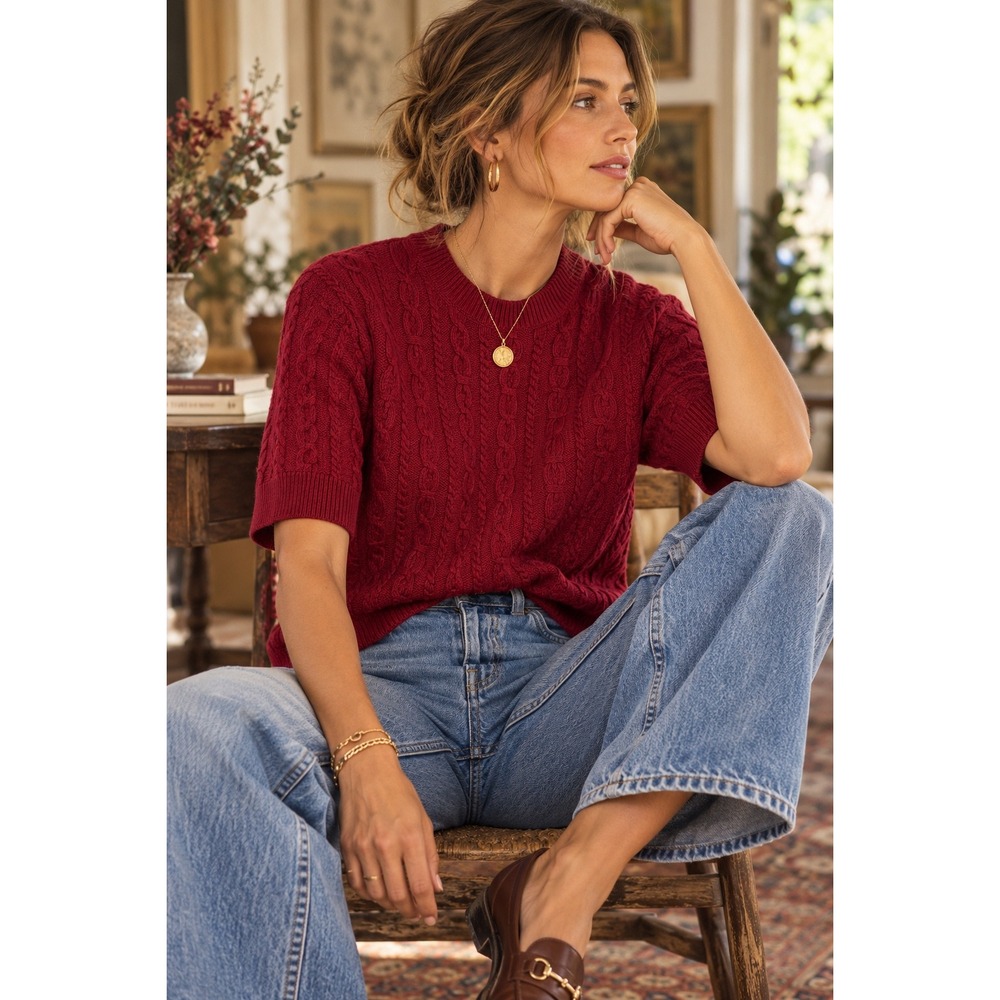 Lafayette 148 New York 100% Cashmere Cable Knit Short Sleeve Sweater Red Medium